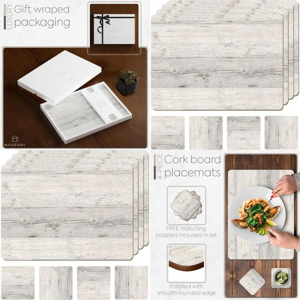 

Набор термостойких пробковых подставок под тарелки (4 шт.), 16x12 дюймов, белый дизайн под дерево, с подходящими подставками для напитков