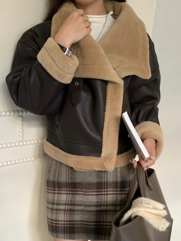 Abrigo largo de piel de cordero para mujer, ropa de abrigo con cuello de sangre de Color Faion, Top versátil adelgazante para invierno, suéter coreano Sle