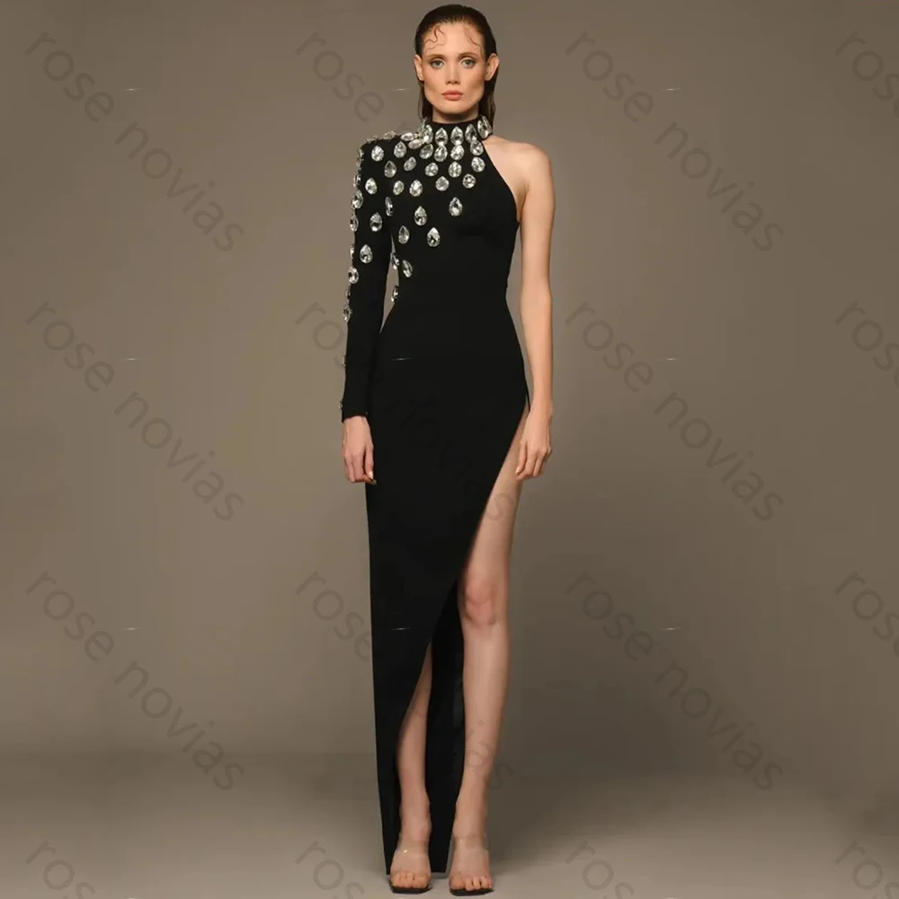 

High Quality Sexy Side Evening Dresses High Neck Chic One Shoulder Long Sleeves with Diamond Decoration شارون سعيد فساتين سهره