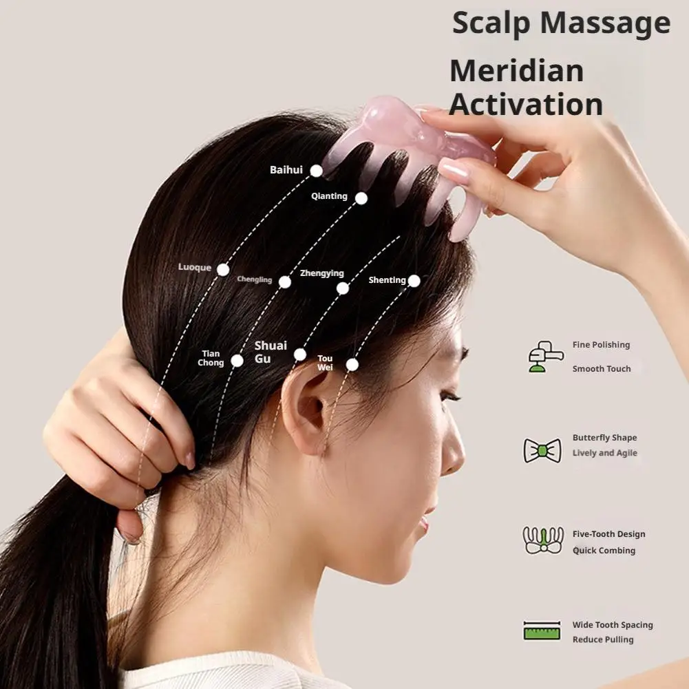 Pink Resin Butterfly Scalp Massage Comb Meridian Acupoint Tool, Skin-Friendly & Portable For Head, Neck & Body Relaxation