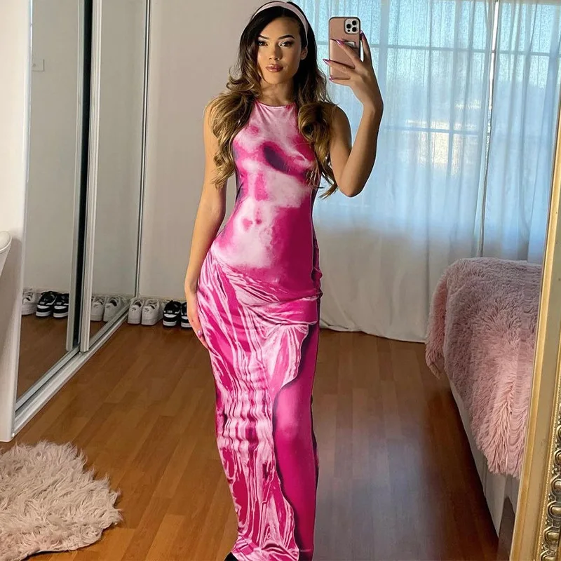 

Tie Dye O Neck Sleeveless Sexy Elegant Bodycon Maxi Prom Dress Summer Women Clothes Holiday Party Y2K Casual Wholesale