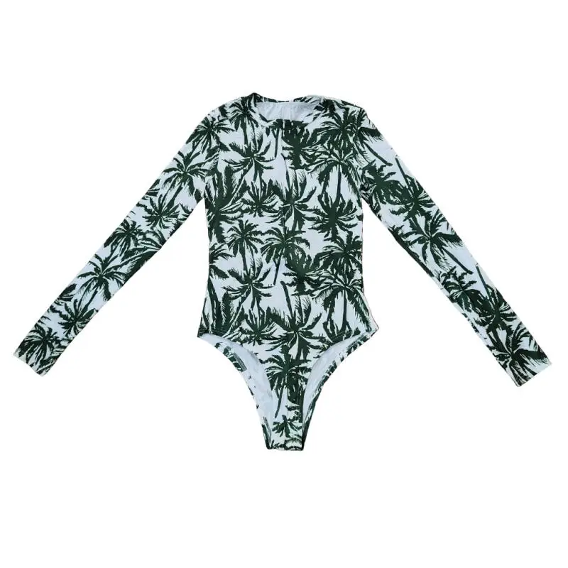 Summer Women One Piece Long Sleeve Swimwear 3 Colors Available Palm Tree Print Surfing Swimwears With Invisible Zipper Vacation