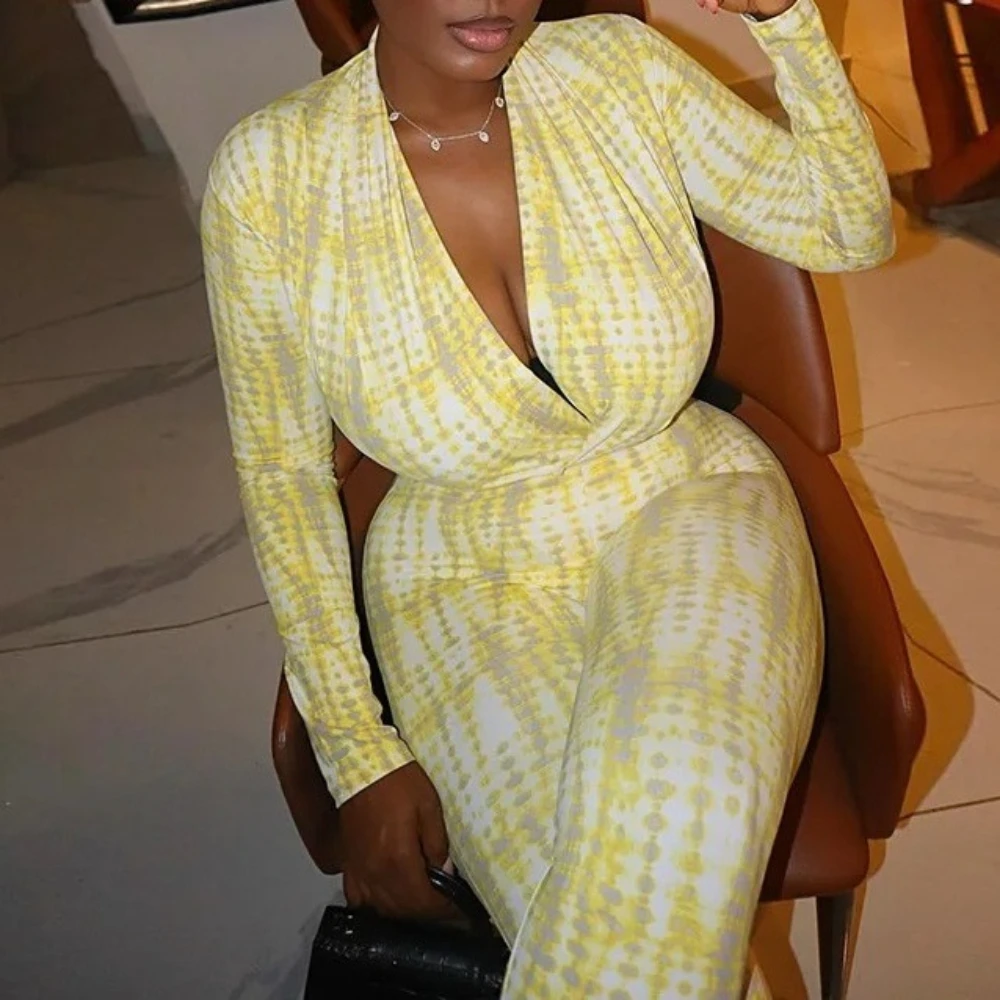 

Printed Skinny Jumpsuits Women Fashion Pleated V Neck Long Sleeve Booty Lifting Slim Casual Streetwear Overalls Party Rompers