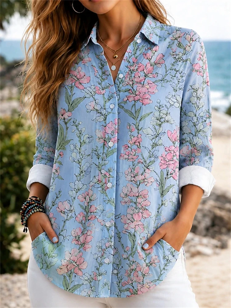 New Fall Women's Fashion Long-Sleeve Shirt Purple Floral Print Button-Down Collar Shirt An Elegant and Stylish Women's Top