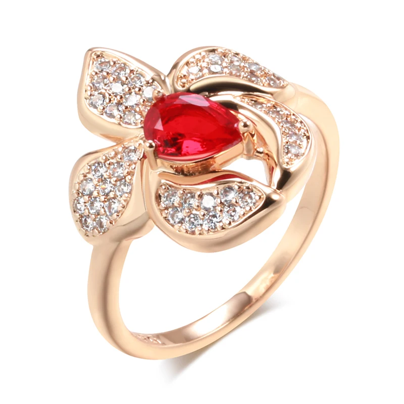 Kinel Luxury Red Natural Zircon Flower Big Ring for Women Fashion 585 Rose Gold Color Vintage Wedding Bride Fine Daily Jewelry