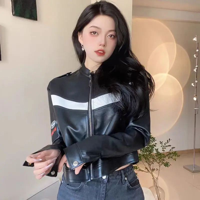 

Autumn Casual Black Leather Jacket Womens Vintage Jackets Goth Short Coat Biker Suit Japanese Vintage Clothes Lining Women Tops