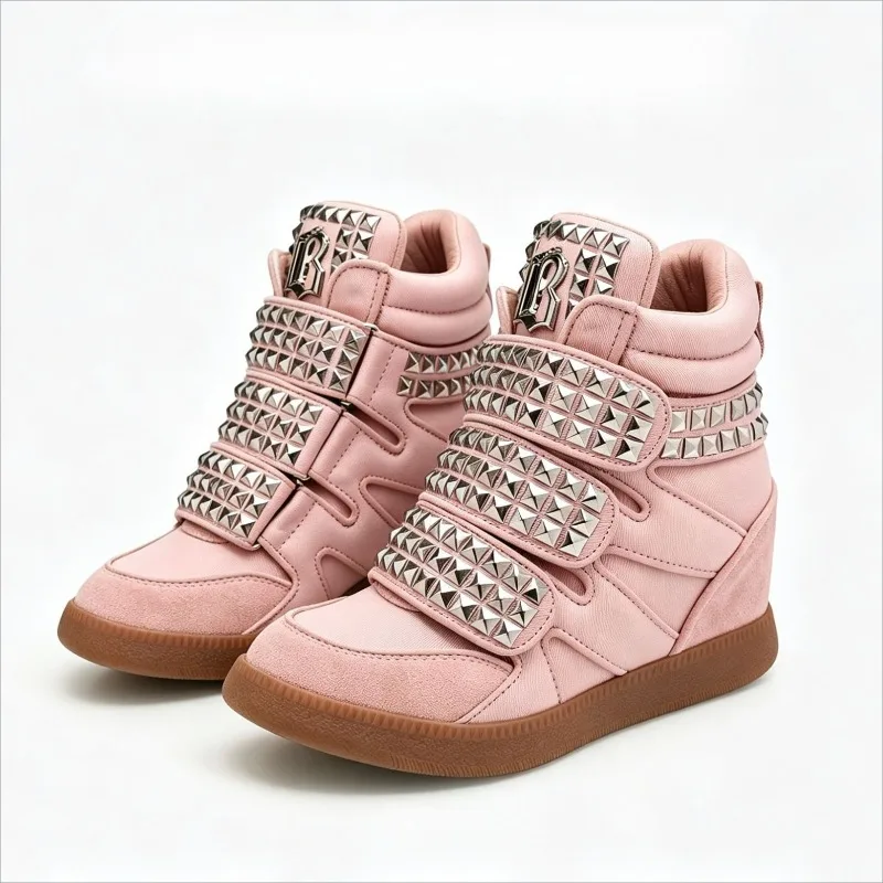 Punk Style High Top Boots for Women Velcro Inner Heightening 8cm Casual Women's Boots Faux Suede Rivets Women Shoes Botas Mujer