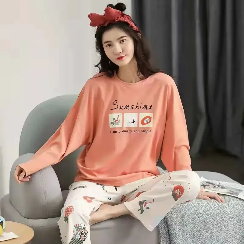 

New Women's Large Size Simple Loose Comfortable Casual Out Women's Round Neck Long-sleeved Long Pants Pajamas Home Wear Ladies