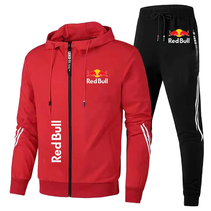 Red Bull Racing Logo Print Men Sportswear Hoodie Sets Zip Sweatshirt+Pants 2 Piece Suit Extreme Sports Custom Red Bull Tracksuit