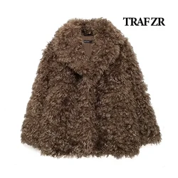 TRAF ZR Snow Parka Artificial Fur Padded Coat Warm Woman Winter Coats Elegant Luxury Women's Coat Vintage Cropped Coats