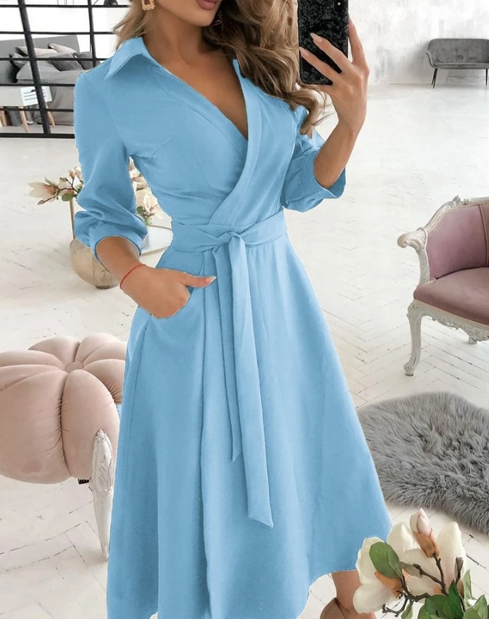 Women's Elegant Dress 2024 Autumn Winter Latest Turn-Down Collar Lantern Sleeve Maxi Shirt Dress Tied Long Sleeve Long Skirt