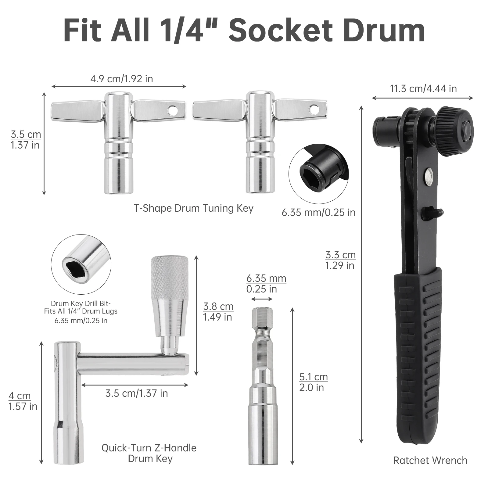 5PCS Drum Tuning Key Kit for Acoustic Electronic Drums Tuning Key/T-shaped Key/Drill Bit/Ratchet Wrench/Drum Maintenance Set view 3