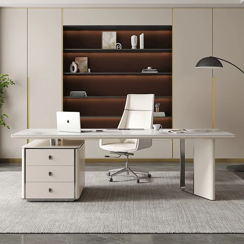 Meja Kerja Batu Sinter Modern dengan Kabinet Penyimpanan Laci dan Kaki Logam, Meja Tulis Kontemporer untuk Kantor Rumah atau Ruang Belajar