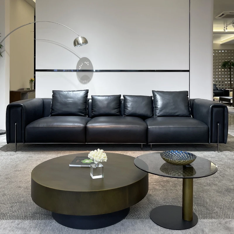 #Italian Modern Minimalist Leather Sofa Simple Light Luxury Straight-Row Three-Person Seat with Genuine Leather Sponge Filling