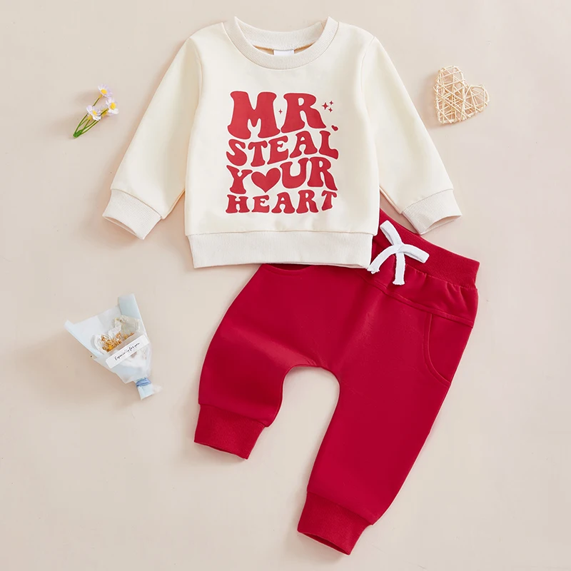 Toddler Boy Valentine s Day Outfit Red Heart Print Long Sleeve Shirt and Elastic Waist Pants 2 Piece Set for Baby Boy