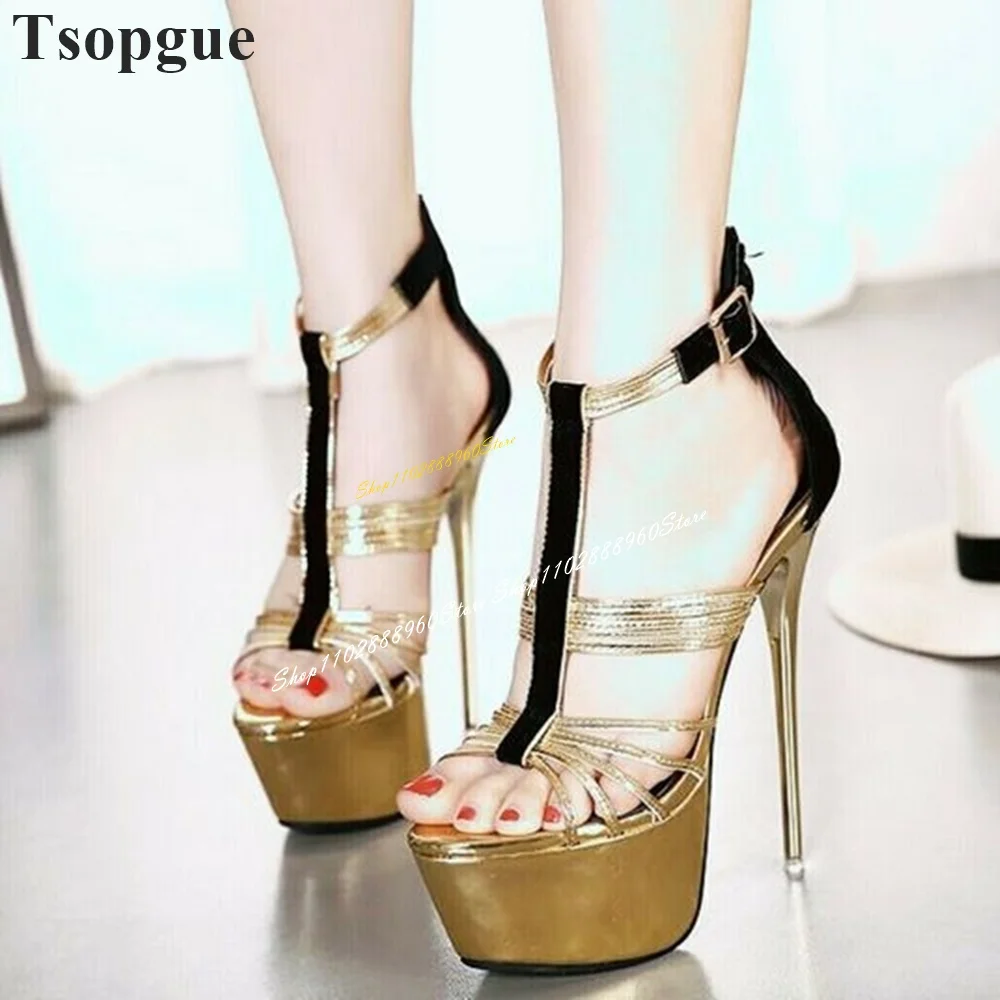 Black And Gold T Strap Strappy Platform Sandals Thin High Heel Shoes For Women Back Zipper Open Toe 2024 Zapatos Para Mujere