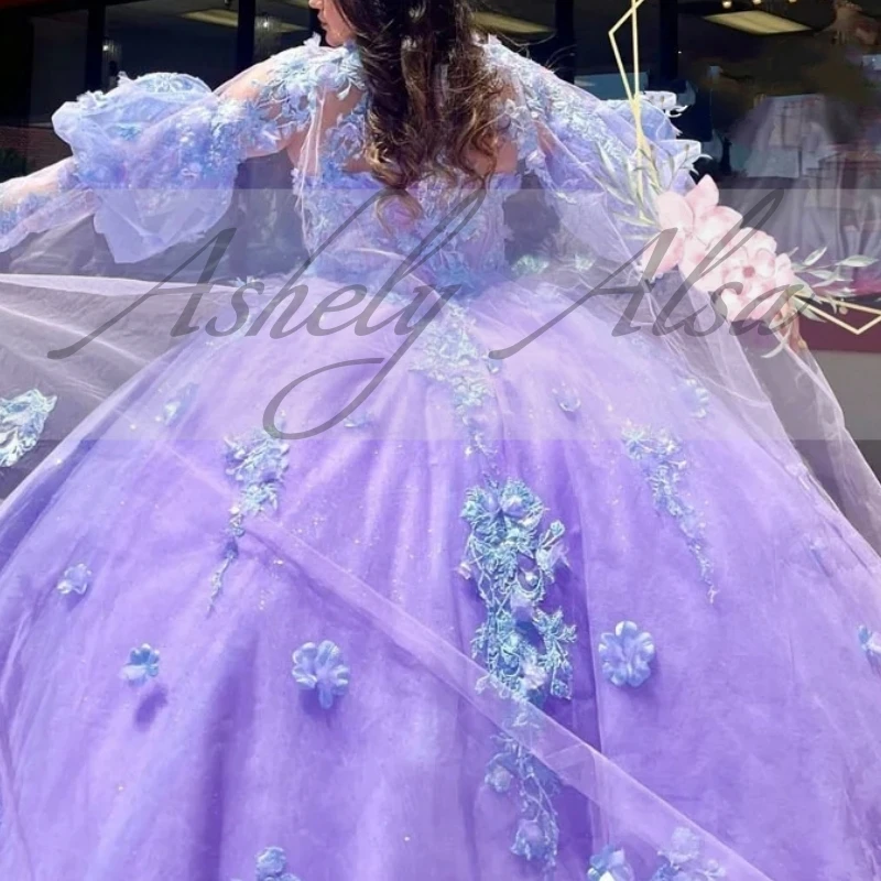 Elegant lilac Quinceanera Dresses With Cape Ball Gown Women Birthday Party Dress Sweet 16 Dress Lace Up Tulle vestido de 15 Anos