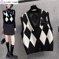 Diamond Plaid Cardigan Vest Shirt 2023 Spring and Autumn Korean Large Women's Beaded Decorative V-neck Age Reducing Top