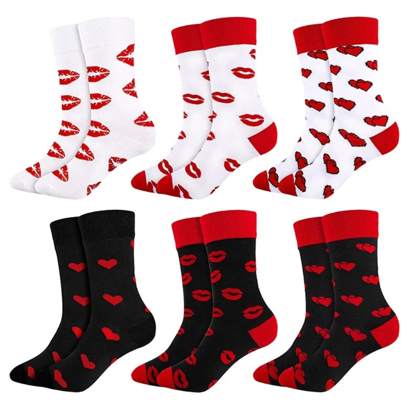 Unisex Couples Cotton Middle Calf Socks with Heart Lips Pattern Sweet Valentines Day Gift Novelty Fun Socks Hosiery