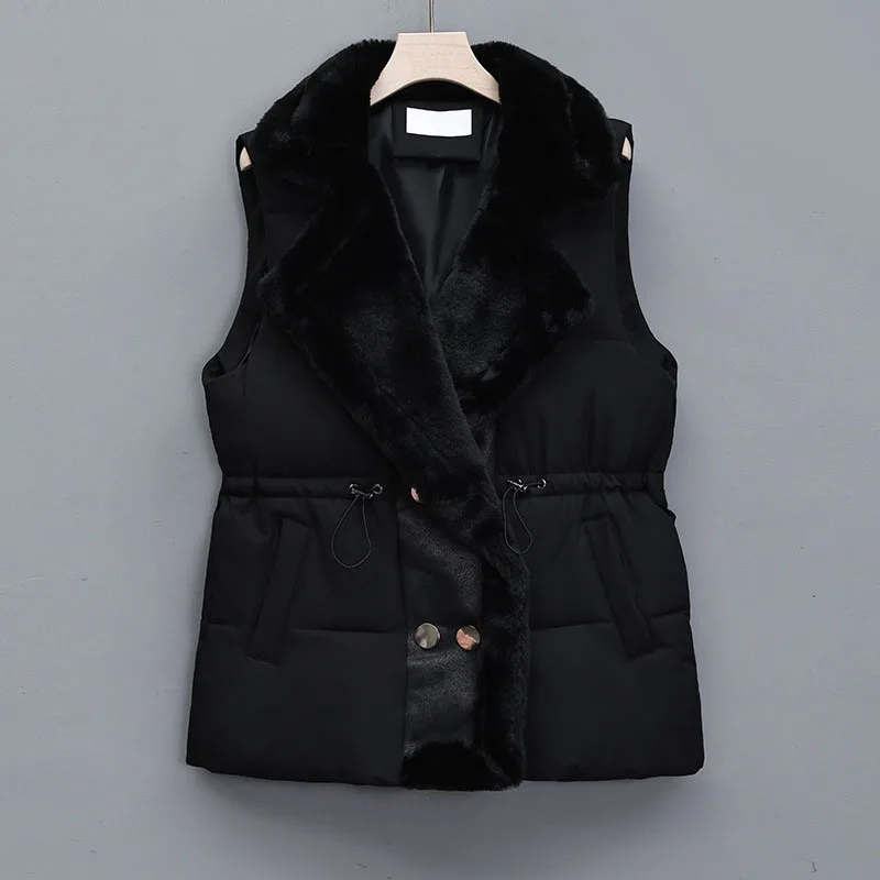 Autumn Winter Cotton Vests Women\'s Fur Collar Pocket Double-Breasted Sleeveless Jacket 2024 New Solid Warm Thickened Waistcoat