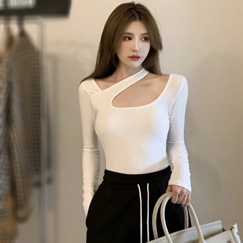 Y2K T-shirt Woman Autumn Sexy Skinny Tee Shirt Female Long Sleeve Halter Clothes Hollow Out Bottoming Shirt Slim Thin Tops