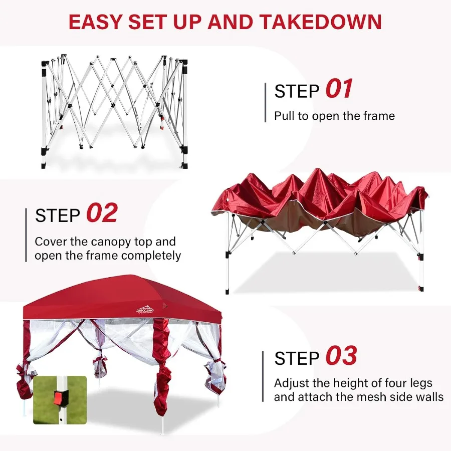 خيمة بمظلة 10 × 10 مع شاشة شبكية للحفلات الخارجية والتخييم، شرفة فناء قابلة للطي سهلة المنبثقة مع حقيبة دوارة و4 ق
