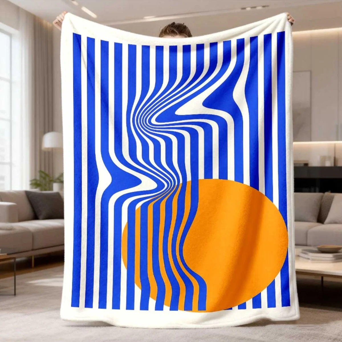 Distort Vertical Stripe Orange Circle Minimal Art Base Flannel Throw Blanket, Warm Cozy Blanket, Modern Decor Gift For Bedroom