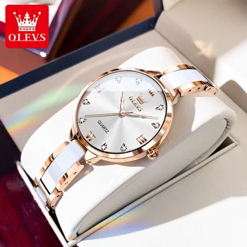 OLEVS Japan movement Quartz watch for women Elegant Ceramic strap Fashion ladies dress wristwatches female waterproof watches