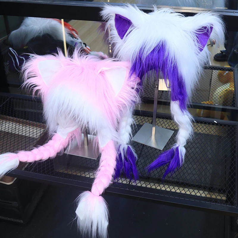 斬新な動物帽子 赤黒 コスプレ 猫耳ぬいぐるみ帽子 編み込み付き 暖かいふわふわ耳当て付き ヘッドウェア Y2K アニメアクセサリー帽子