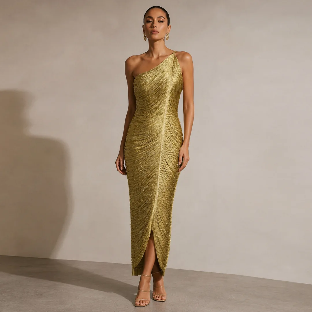 Luxury Gold One Shoulder High Elasticity Knitted Dresses Slanted Shoulder Tassel Slim Long Dress Celebrity Evening Dinner Gowns