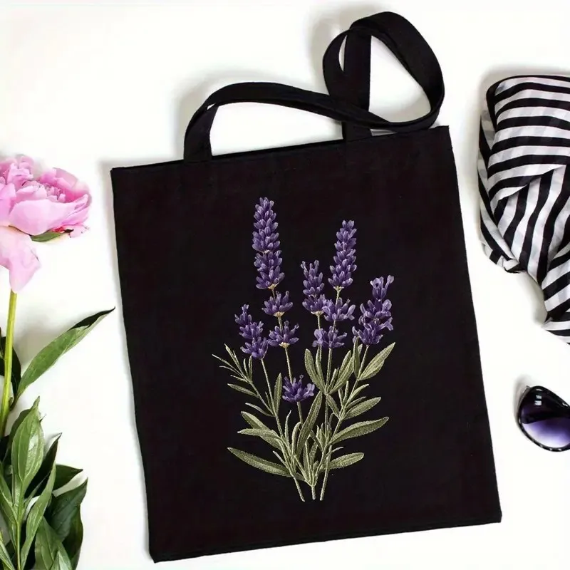 Lavendel Print Canvas Tote Bag Damen Ästhetik Wildblumen Strand Umhängetasche Student Casual Travel Floral Trend Handtasche
