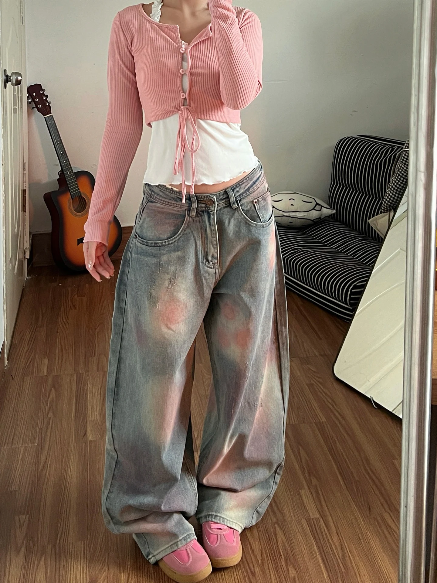 

Pink Denim Jeans Women's Loose Wide Leg Straight Cut Spring New Sle Cleanfit l Waist Cotton Casual Comfortable Fit