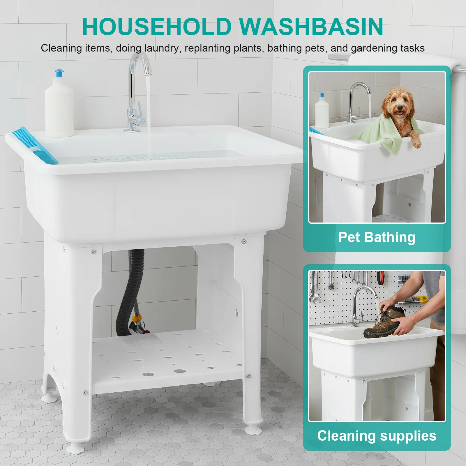 

Отдельностоящая хозяйственная мойка с ребристой доской и смесителем, минималистичная, для мытья посуды, многофункциональная, для использования в помещении и на улице