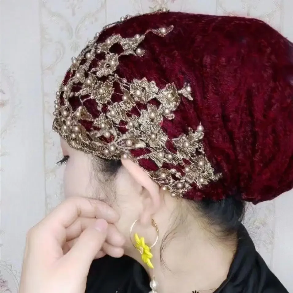 Malha rendas miçangas turbante chapéu quimio boné cabeça envoltório muçulmano feminino lenço perda de cabelo gorro interno hijab baggy gorro turbante mujer