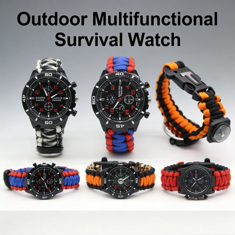 Men's Outdoor Survival Paracord Bracelet - Integrated Watch Compass Whistle SOS Tool, Lightweight Emergency Gear for Camping