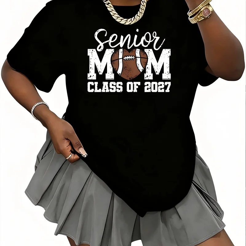 Football Senior Mom Class of 2027 Graduate Senior Mama 2027 Women's 100% Cotton T-Shirt Short Sleeve Top Casual Round Neck Fun Print Tee S-5Xl