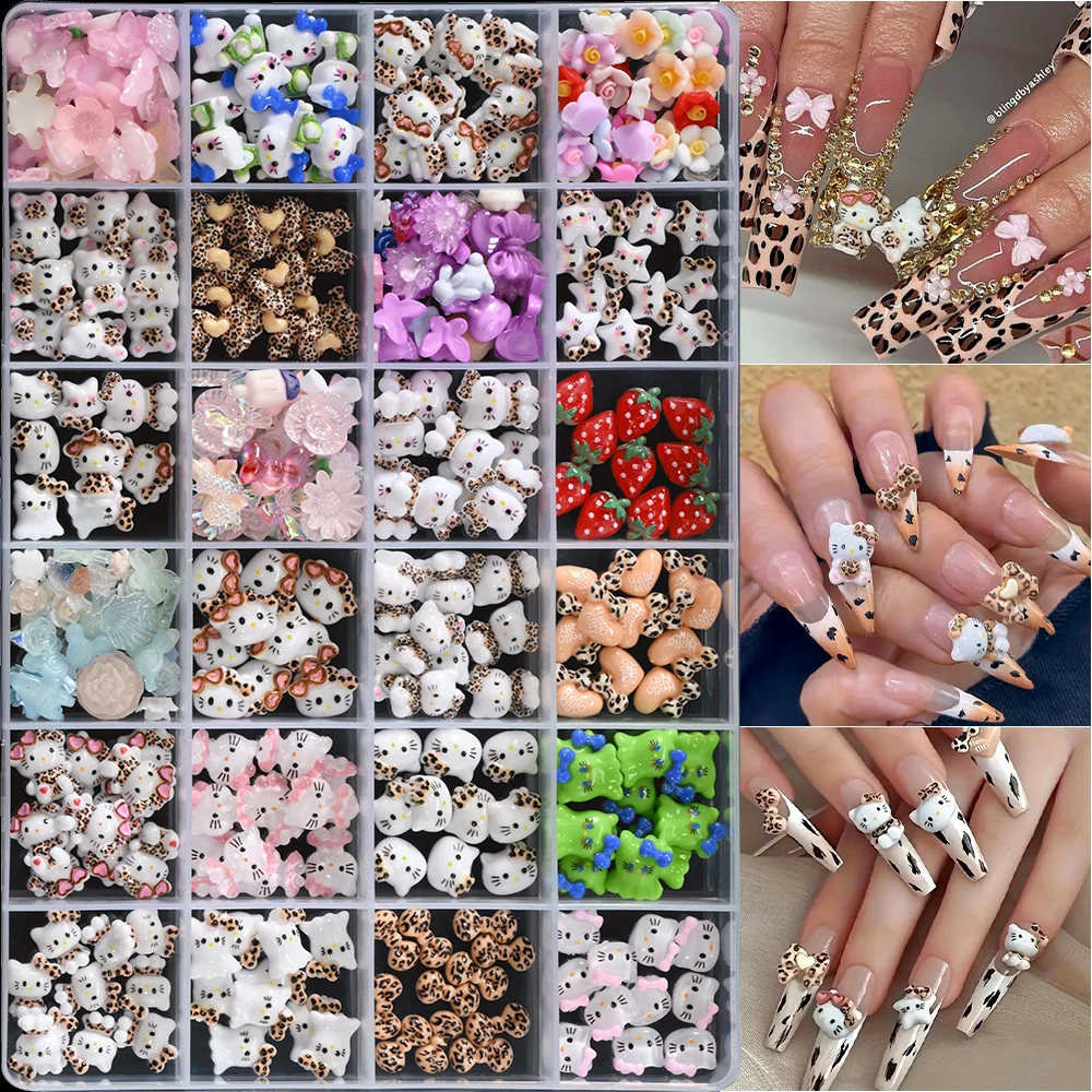 12/24グリッド 3D キュート レオパード柄 ハローキティ ネイルチャーム 漫画 キティちゃん リボン ネイルアート ラインストーン ジュエリー レオパード キャット ネイルジェム
