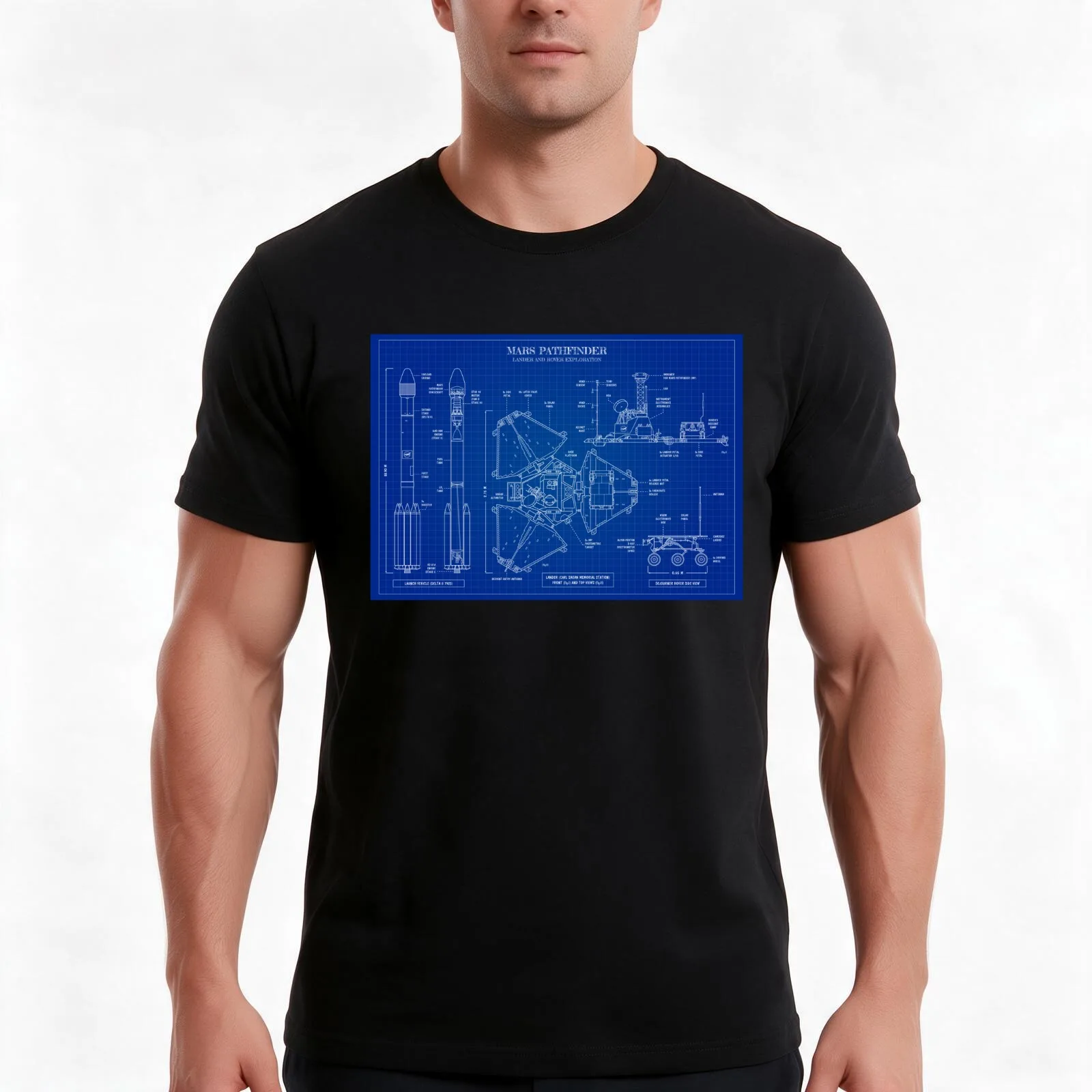 Mars Pathfinder. Lander and Rover Exploration (Blueprint) T-Shirt, Summer Casual Cotton Tee, Oversized Streetwear Tops