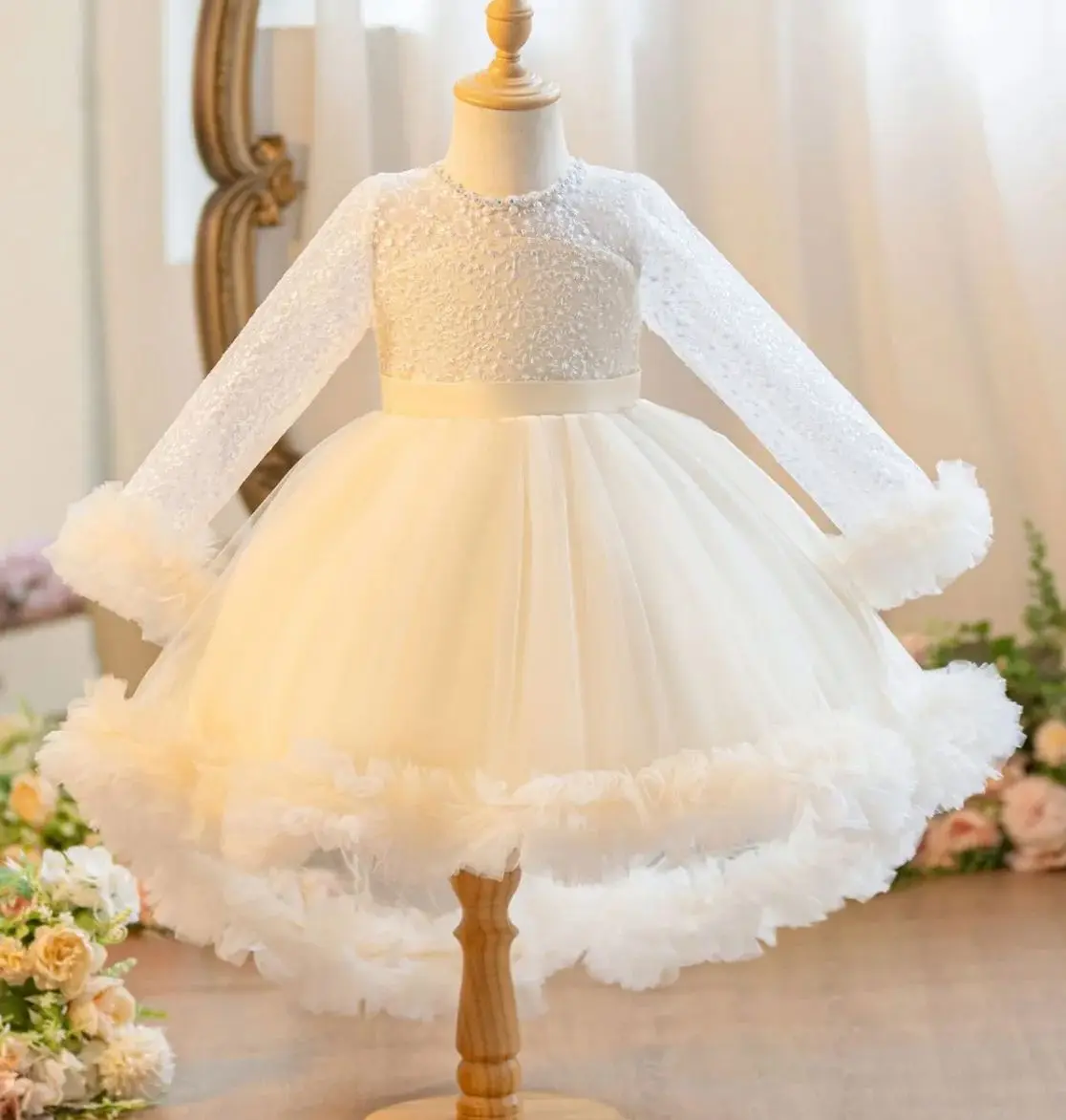 Long Sleeve Girl Princess Dress Child Girls Concert Dresses Christmas Ball Gown Kid's Pink Clothes