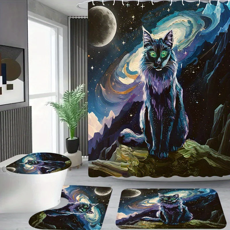 

4 шт. Таинственный черный кот под звездами, узор, комплект занавесок для душа, занавеска для душа с 12 крючками, коврик для ванной комнаты, туалет