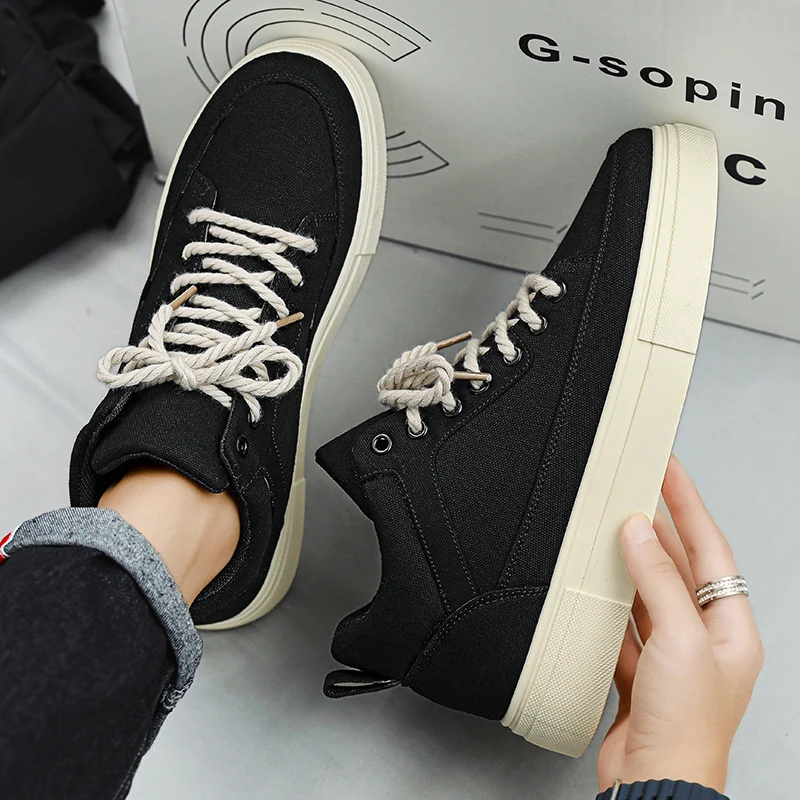 Men\'s Canvas Shoes Fashion Spring Solid High Top Vulcanized Shoes Men Flat Design Casual Sneakers Man Board Shoes