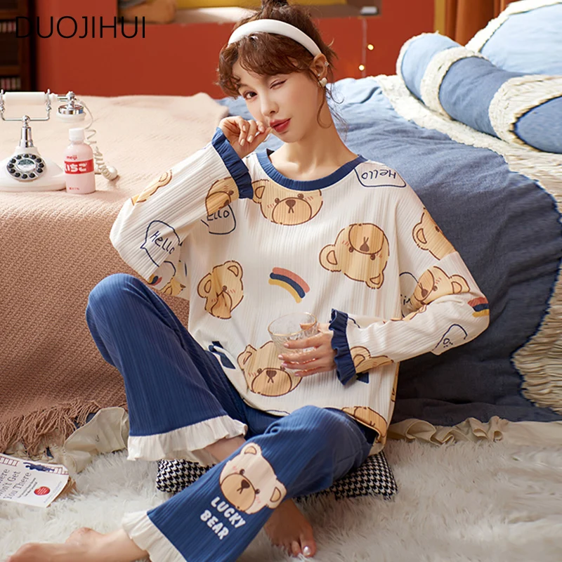 DUOJIHUI-Pyjama Coréen à Imprimé Chicly pour Femme, Ensemble Deux Pièces, Classique, Col Rond, Pantalon Simple, Mode Décontractée, Printemps