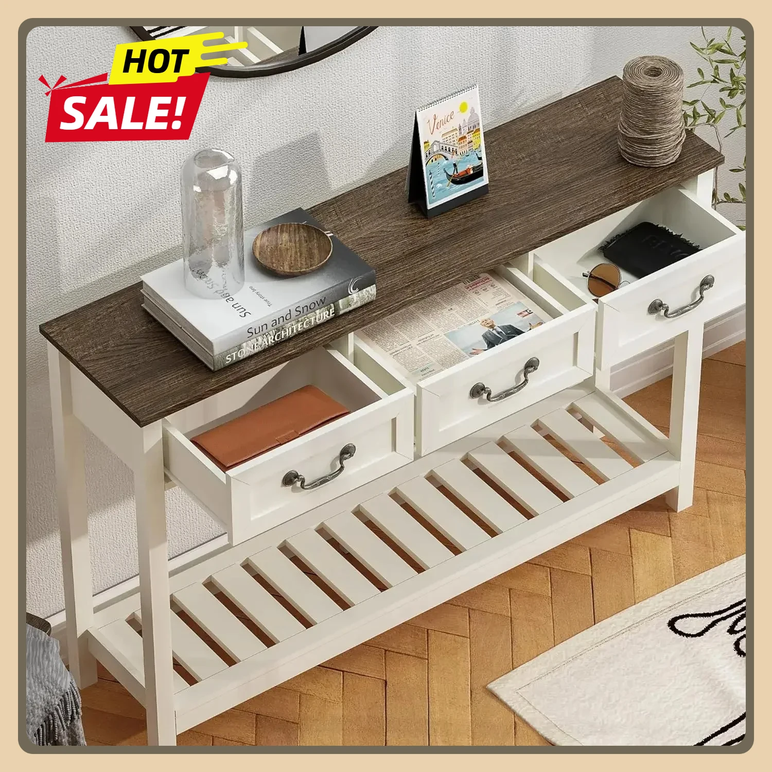 

47" Farmhouse Console Table, Rustic Entryway Table for Living Room, Narrow Long Sofa Table, Hallway, Behind Couch with 3 Drawers