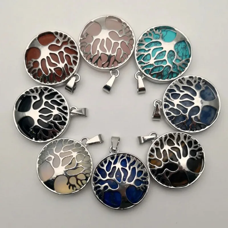 1-piece alloy Tree of Life pendant Hollow alloy set with round natural stone pendant vintage Fortune tree