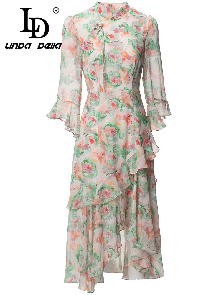 

LD LINDA DELLA Fashion Designer Summer Dress Women Three Quarter sleeve Ruffled Flowers Print Elegant vacation Party Dress