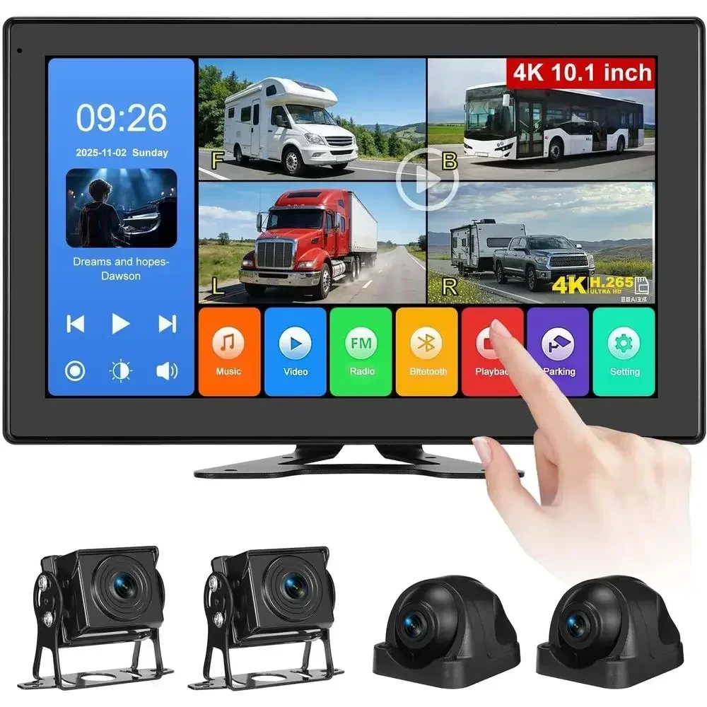 10.1 Inch 4K Touch Screen Wired RV Backup Camera System | 1080P IP69 Waterproof Camera, 4CH DVR Loop Recording & Bluetooth. For
