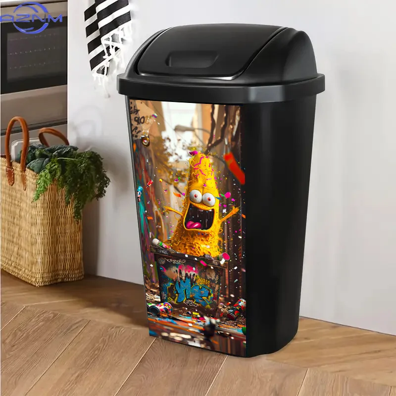 Trash Can Sticker - Yellow Goofy Monster Pattern, PVC Self-Adhesive Decal for Plastic Surfaces, Fun Kitchen Wall & Trash Bin D view 2