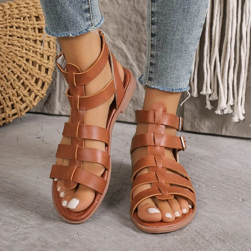 Fashion Woman Hollow Out Gladiator Sandals Ladies Flats Shoes Female Thick Bottom Brown Sandal White Shoes Sandalias De Mujer