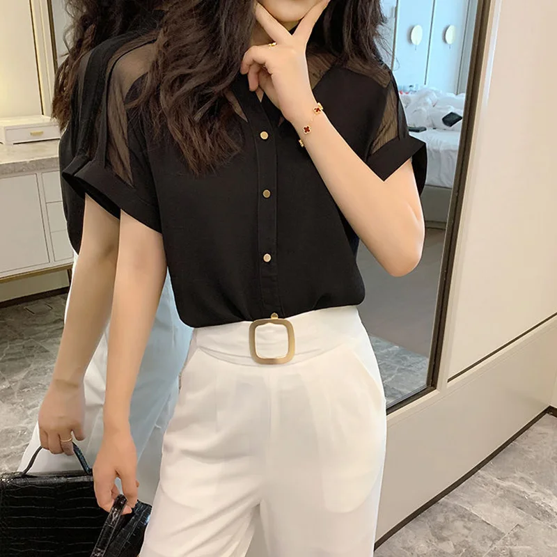 2024 New Summer High Waist Retro Loose Casual Office Lady Women's Shirt Button Lace Cotton Linen V Neck Short Sleeve Chic Tops