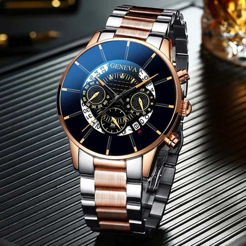 Montre à quartz analogique pour homme avec ceinture en maille en acier inoxydable bleu, montres évidées, calendrier d'affaires, luxe, mode